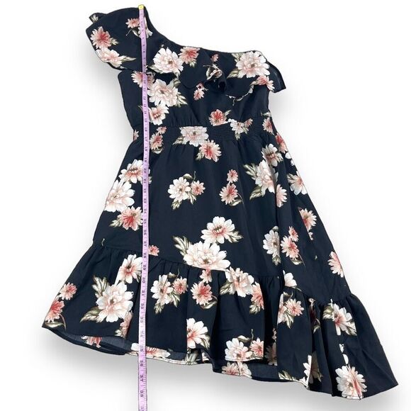 JOA Casual Dress Womens Size Small Black Floral One Shoulder Asymmetrical Midi - Picture 12 of 12